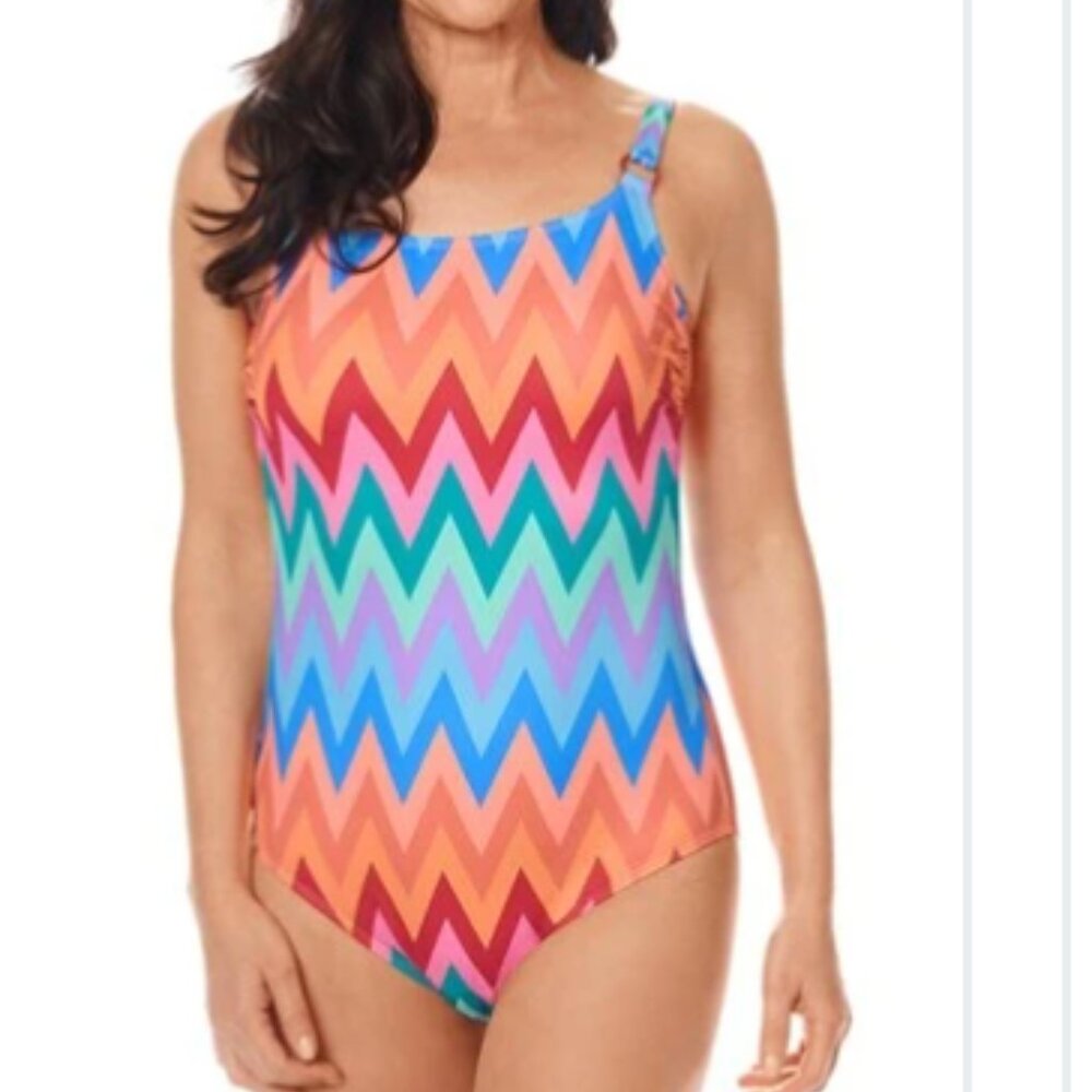 Amoena Ecuador One-Piece Swimsuit Colorful Chevron size 12‎ Cup C NWT Mastectomy